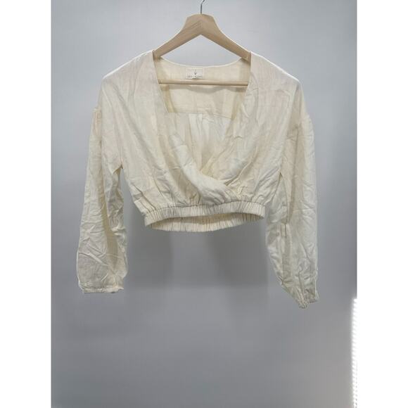 Lost + Wander Womens Top Cream Small Cropped Long Sleeve V-Neck Elastic Hem - Picture 3 of 3